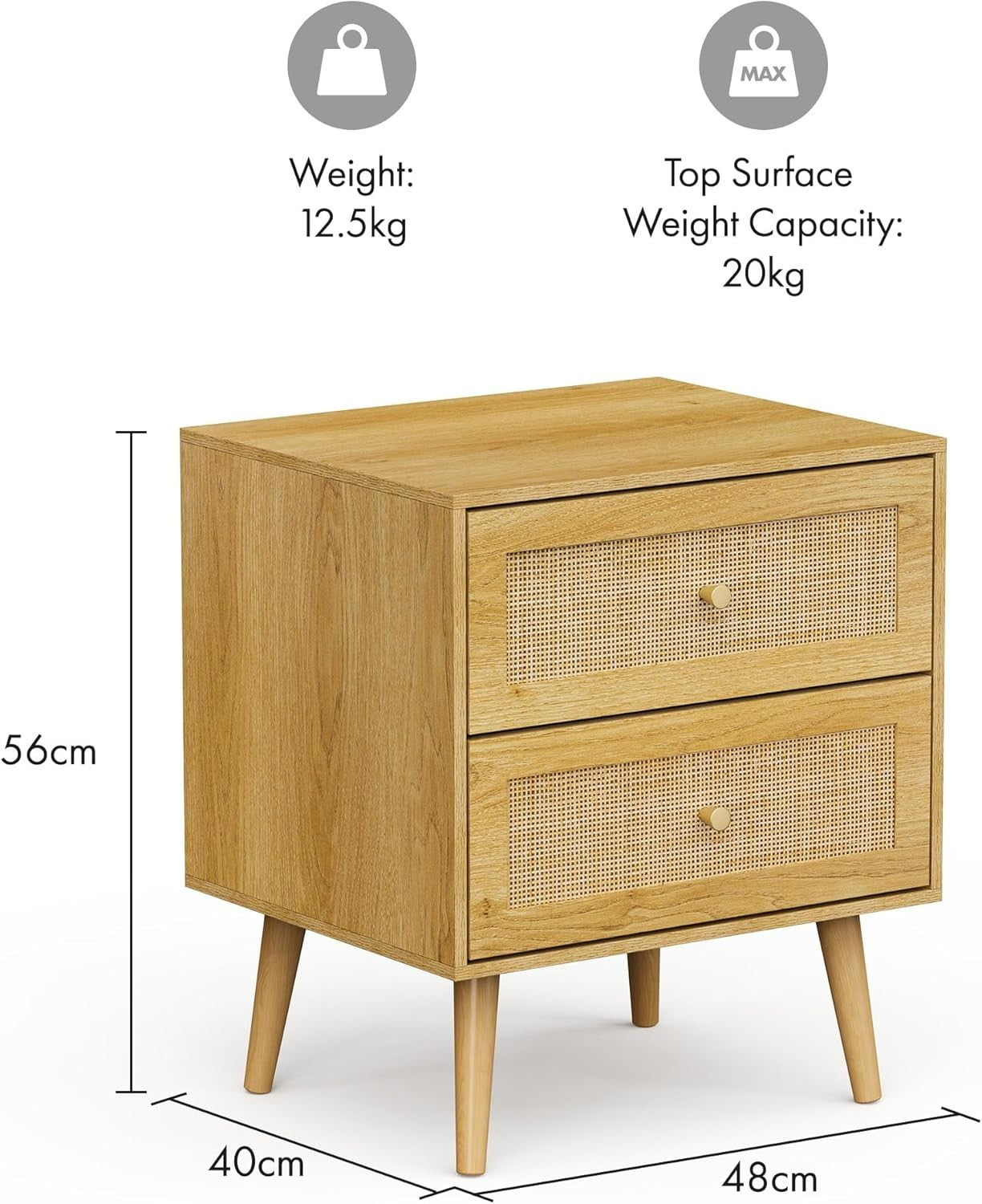 Scandi Rattan Bedside Table with 2 Drawers – Natural Wood Boho Nightstand