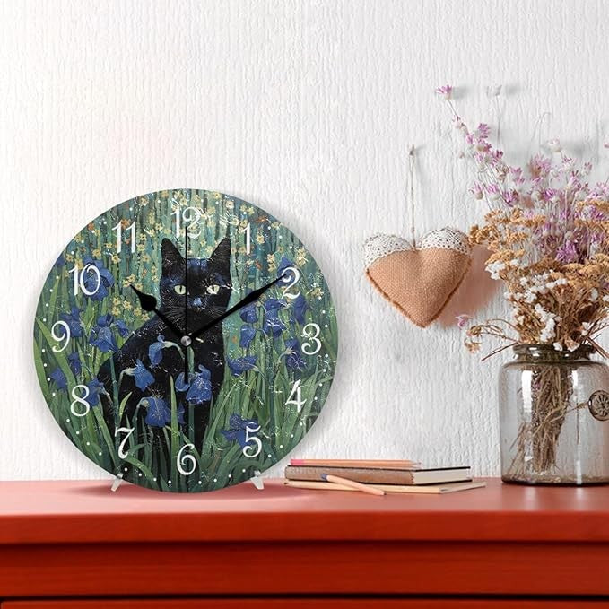 Black Cat Wall Clock 25cm Silent Non-Ticking Floral Art Decorative Home Decor