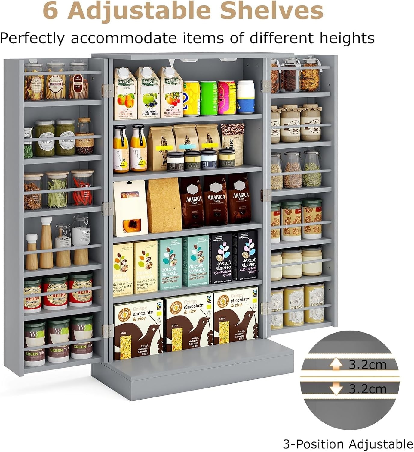 Kitchen Cupboard Pantry Cabinet 17 Shelves 2 Doors Grey Small