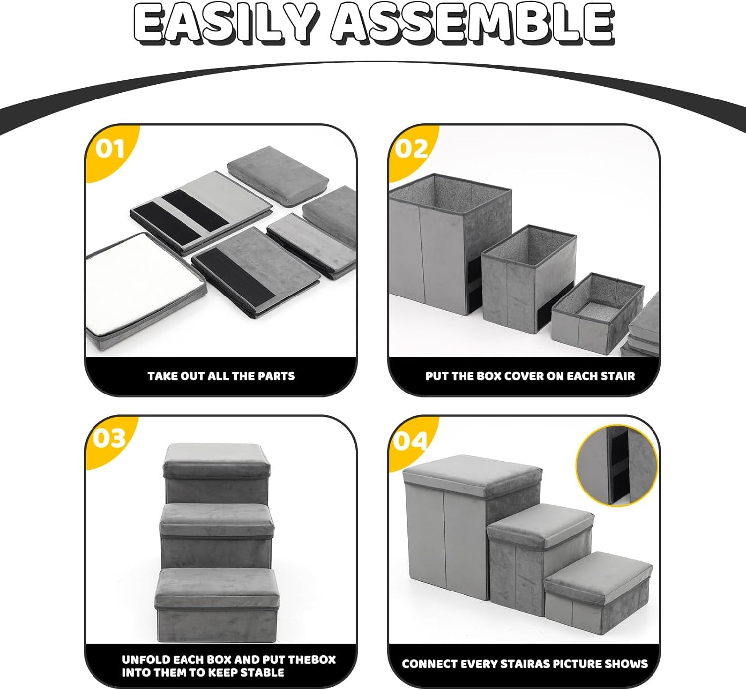 Grey Folding 3 Step Dog Stairs Anti Slip Plush Cover