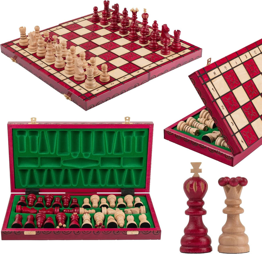 Luxury 42cm Red Wooden Chess Set XL | Handcrafted Board & Carved Pieces | Premiu