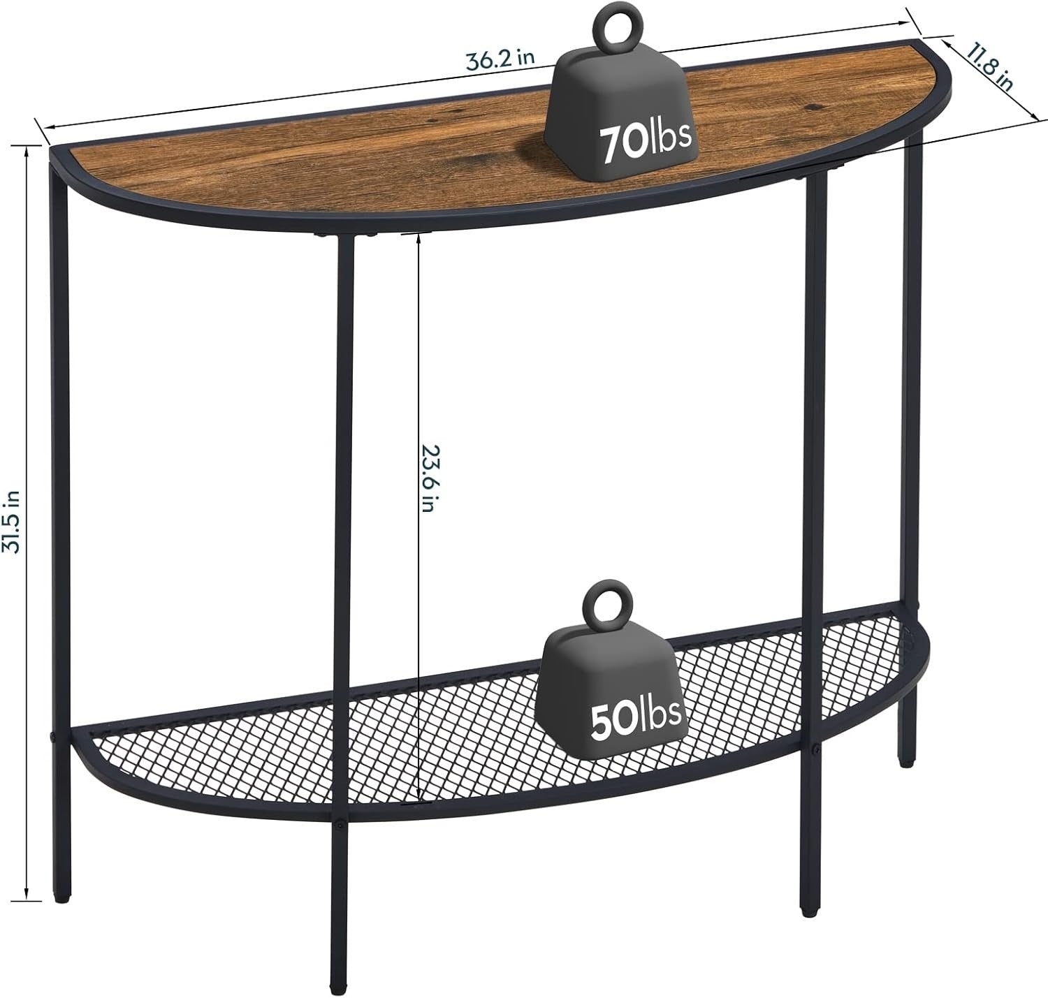 Narrow Half Moon Console Table Walnut Black, Slim 2-Tier Entryway Shelf