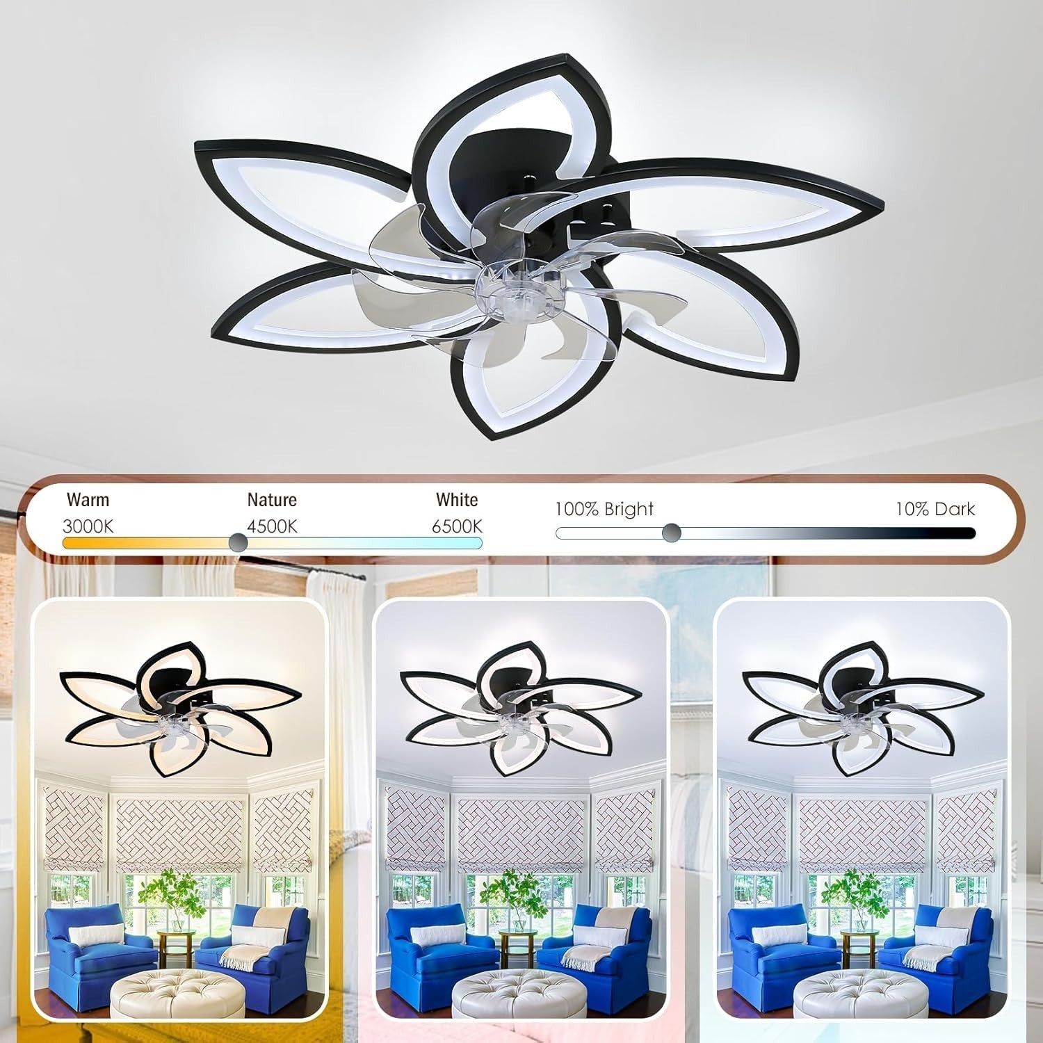 Ceiling Fan with Light, 6 Speeds, Dimmable, Flower Shape, 74 cm Black