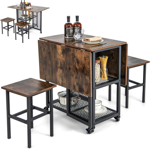 Space-Saving Folding Dining Table & Stools Set with Storage Shelves 120cm