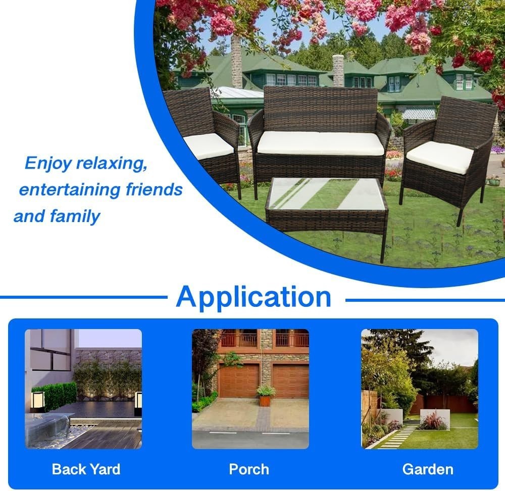 Outdoor Rattan Garden Sofa Set 4-Seater with Brown + Beige Cushions