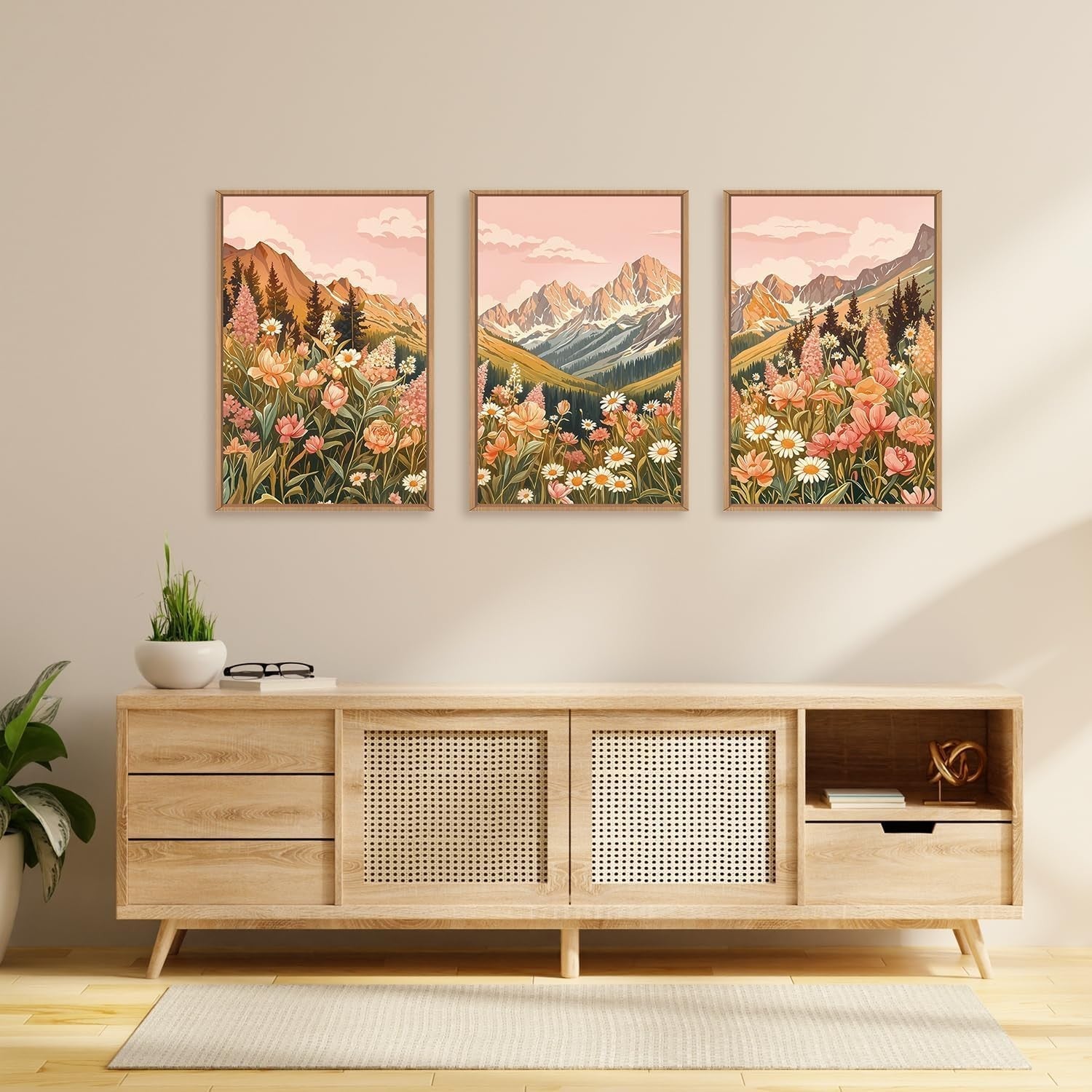 Abstract Floral Mountain Framed Canvas Wall Art Set 3 Boho Nature Decor