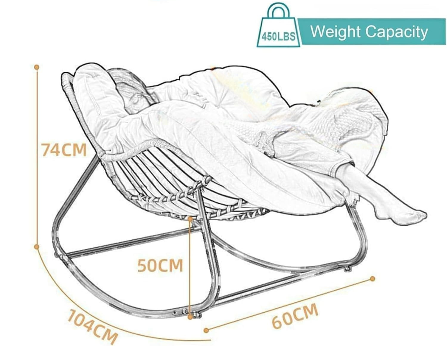 Oversized Rattan Rocking Chair 40.9in Metal Frame Patio Lounge Egg Chair