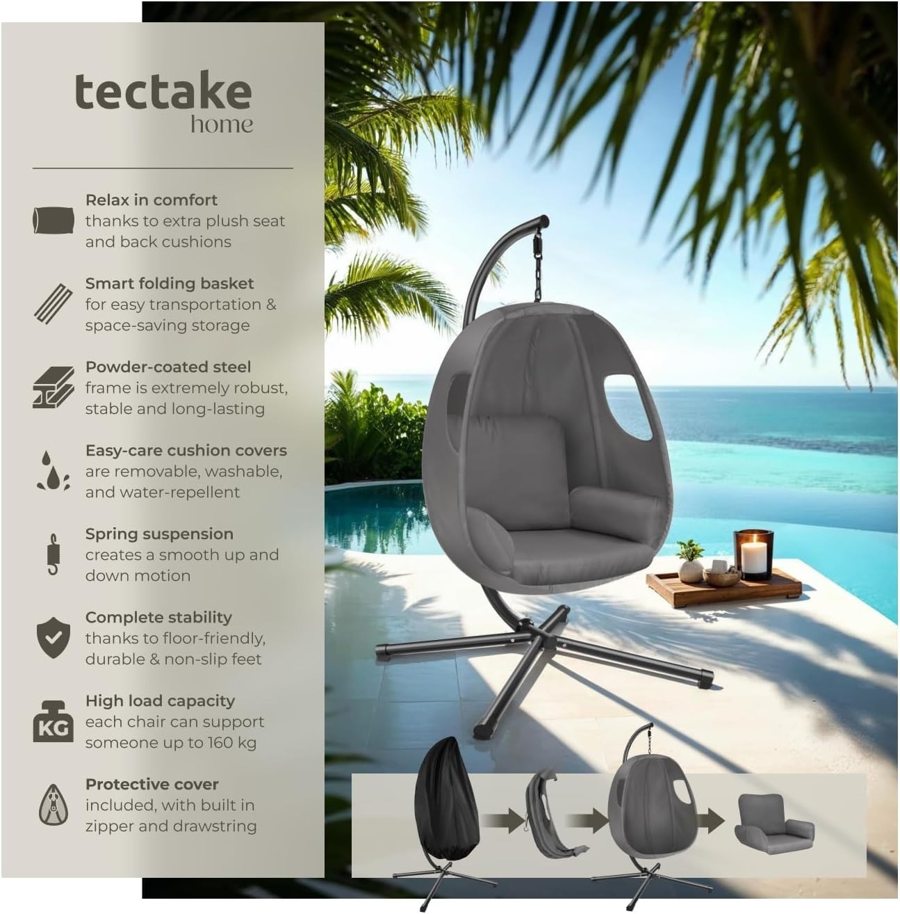 Swivel Hanging Egg Chair with Stand & Comfy Cushion for Indoor Outdoor Use