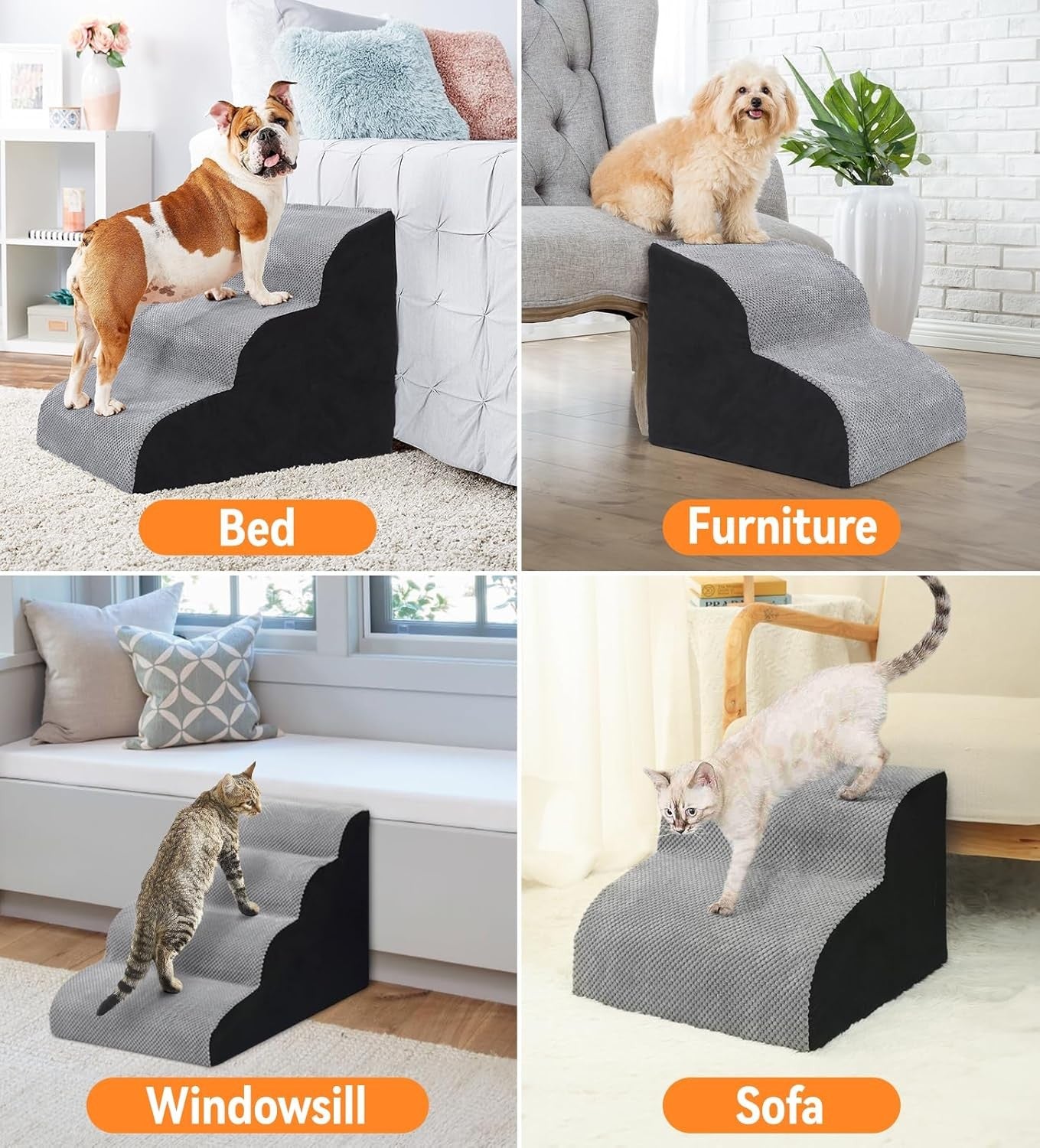 3 Step Dog Stairs Foam Pet Ramp Non Slip Grey 59x40x40cm