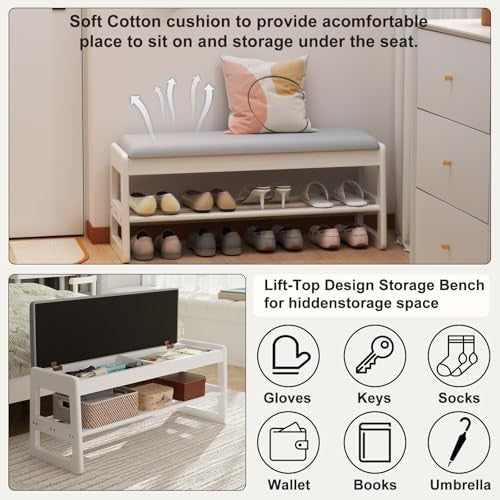 2-Tier White Shoe Storage Bench with Flip-Top & Cushion Seat