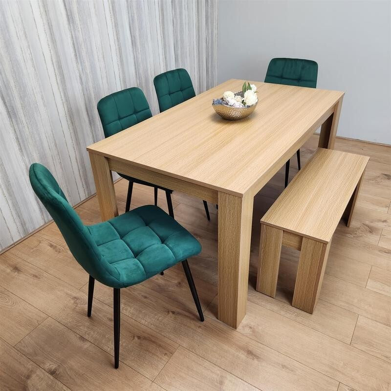 6 Seater Oak Effect Dining Table Set with Green Velvet Chairs & Bench Wood