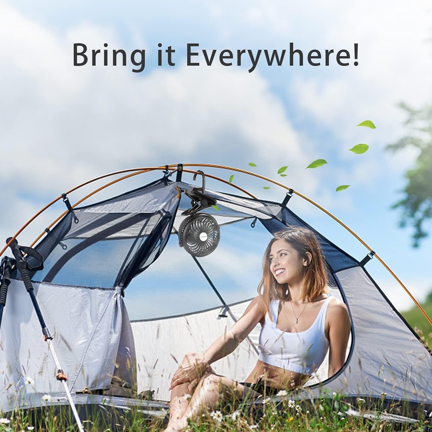 Clip-On Camping Fan – Rechargeable Desk Fan w/ LED Light 3 Speeds Portable Black