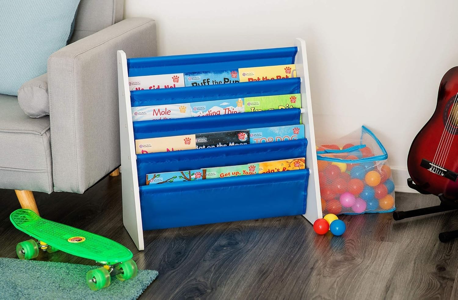 Kids Blue Sling Bookshelf – 4-Tier Wooden Book Storage with Nylon Fabric Shelves