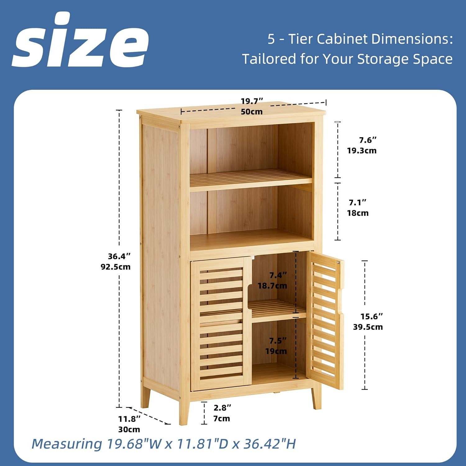 Natural Bamboo Floor Cabinet with Shutter Doors Adjustable Shelves