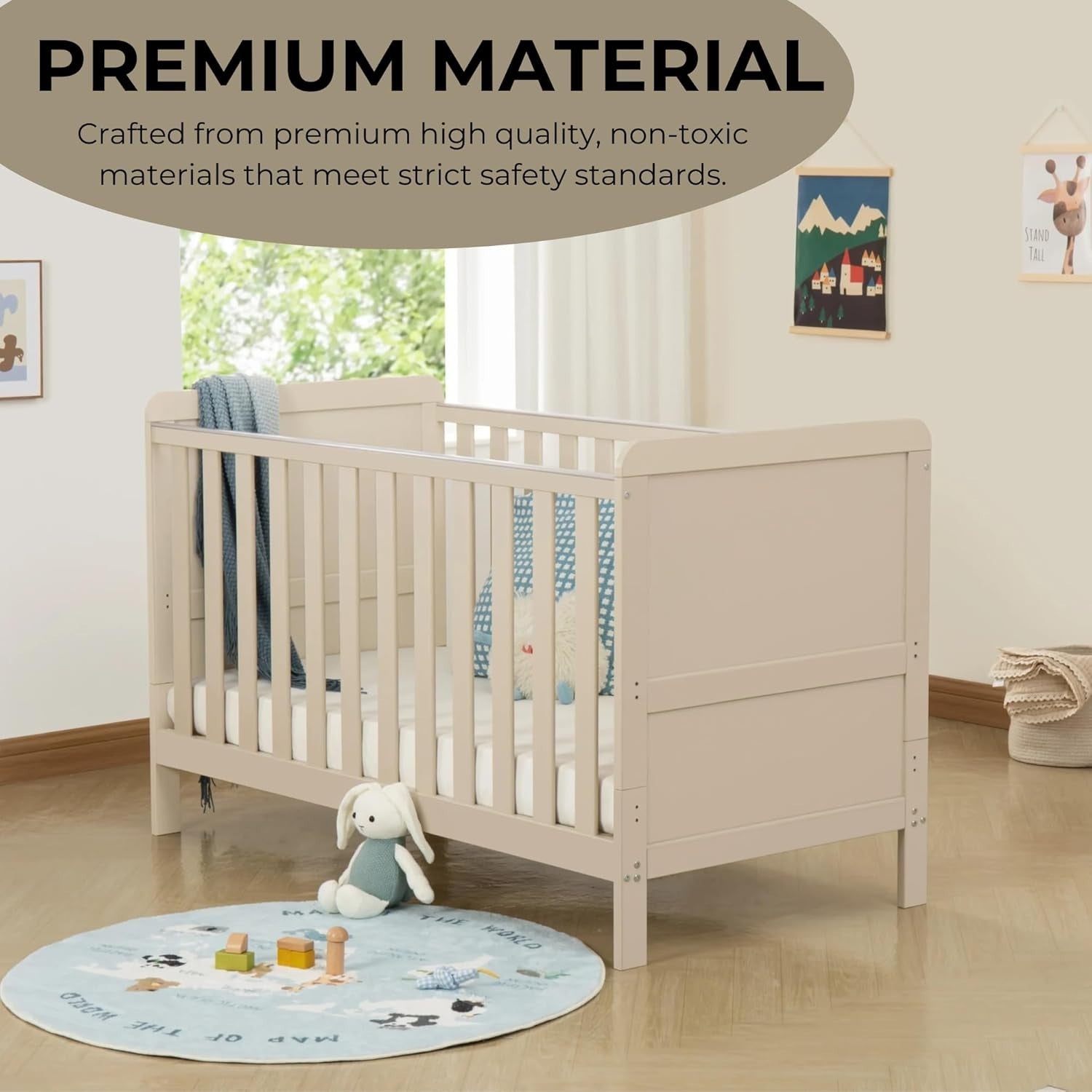 Convertible Baby Cot Bed Toddler Bed Adjustable Height Protective Teething Rails