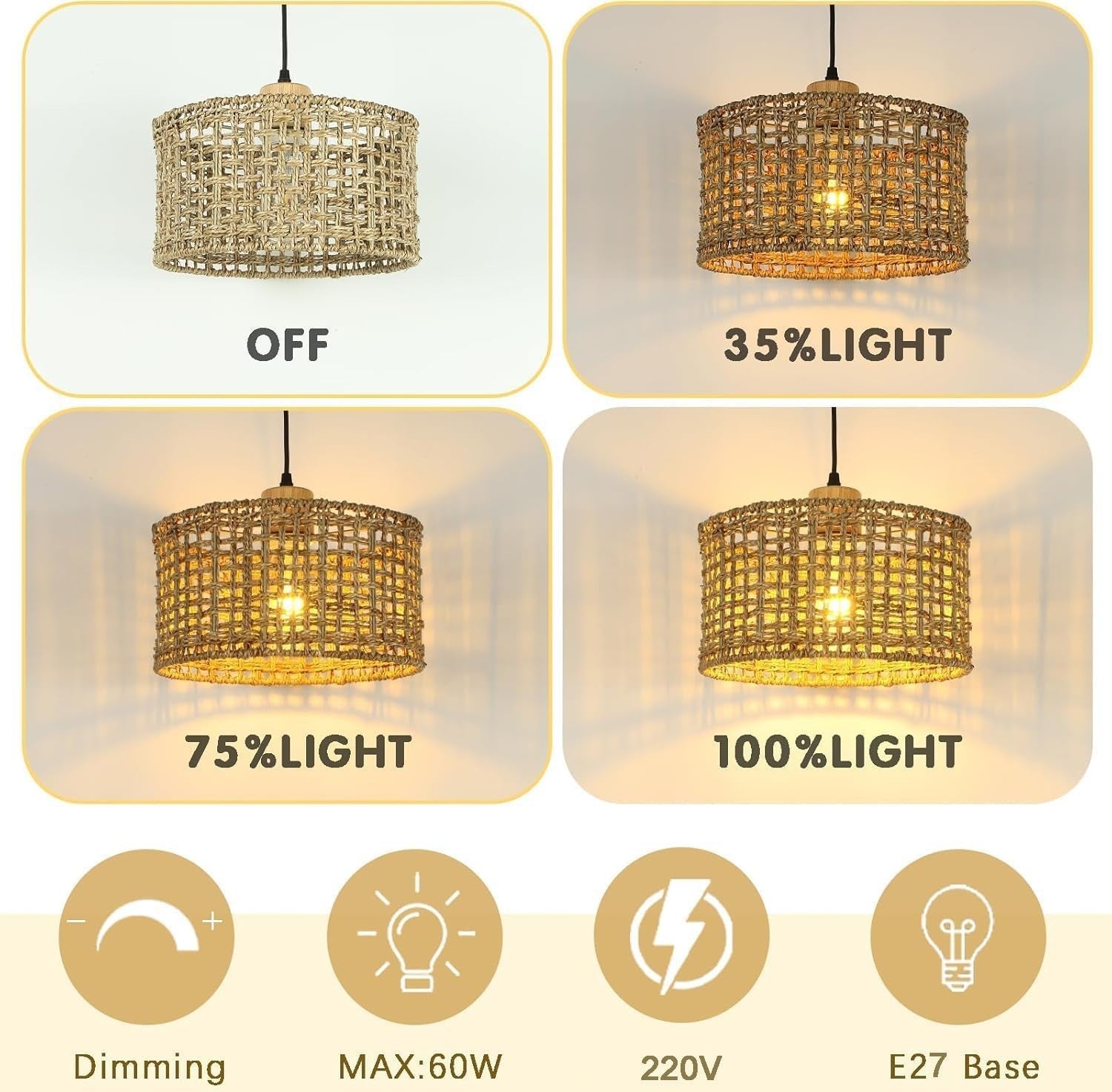 Rattan Pendant Lamp Shade 30cm Boho Woven Ceiling Light E27