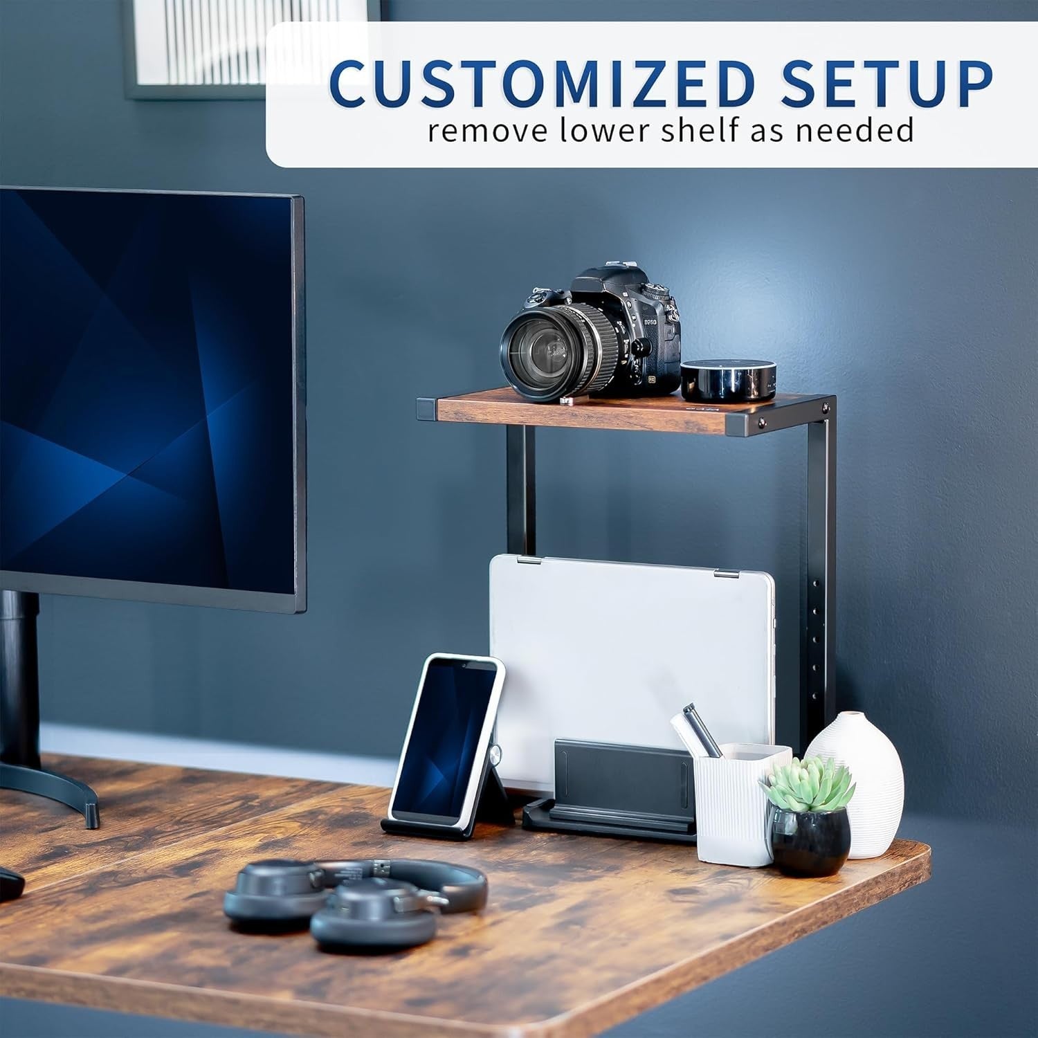 Clamp-On Desk Shelf 2-Tier Rustic Brown 13" Above/Below Mount Storage Organizer