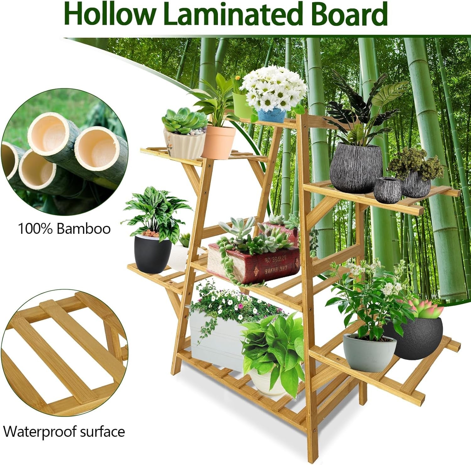 5 Tier Bamboo Plant Stand Indoor Outdoor Corner Shelf Multi-Level Flower Rack
