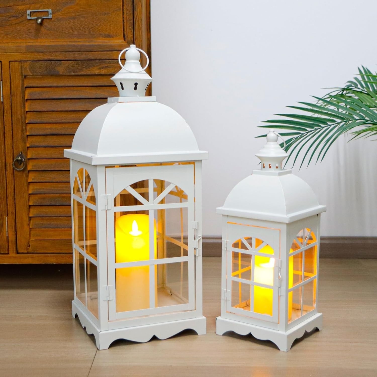 Set of 2 White Vintage Hanging Candle Lanterns 51.5 cm