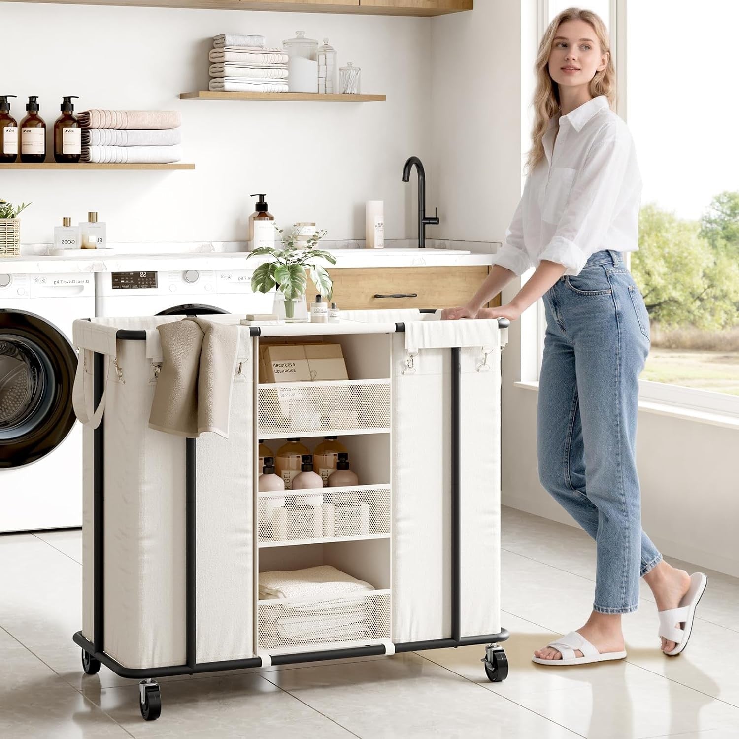 200L Rolling Laundry Sorter 2 Section Cart with Shelves & Hanging Bags Beige