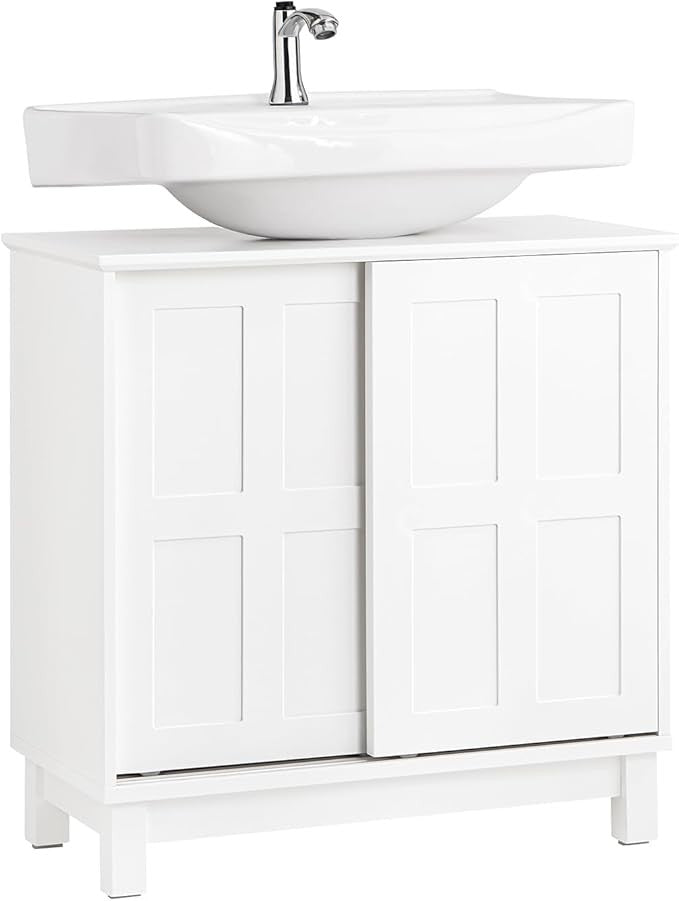 White Under Sink Bathroom Cabinet 60cm Vanity Unit with Sliding Doors Storage