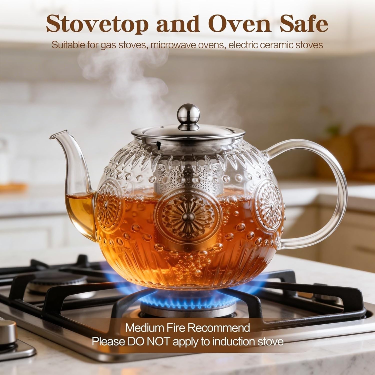 Glass Teapot 1200ml with Infuser Loose Leaf Tea Pot Stovetop Safe