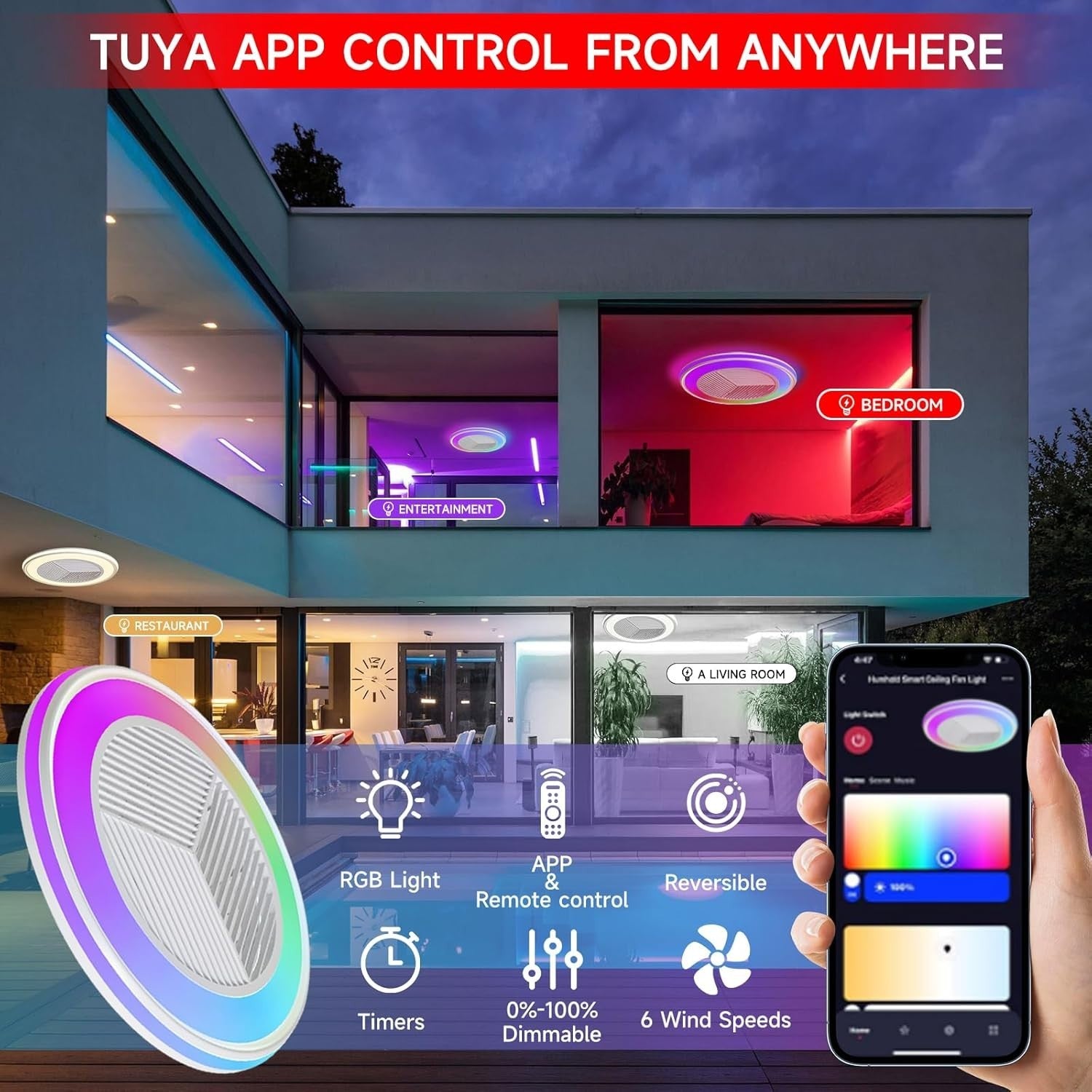 DWDVBL 50CM RGB Ceiling Fan with Smart LED Light, Remote & App Control