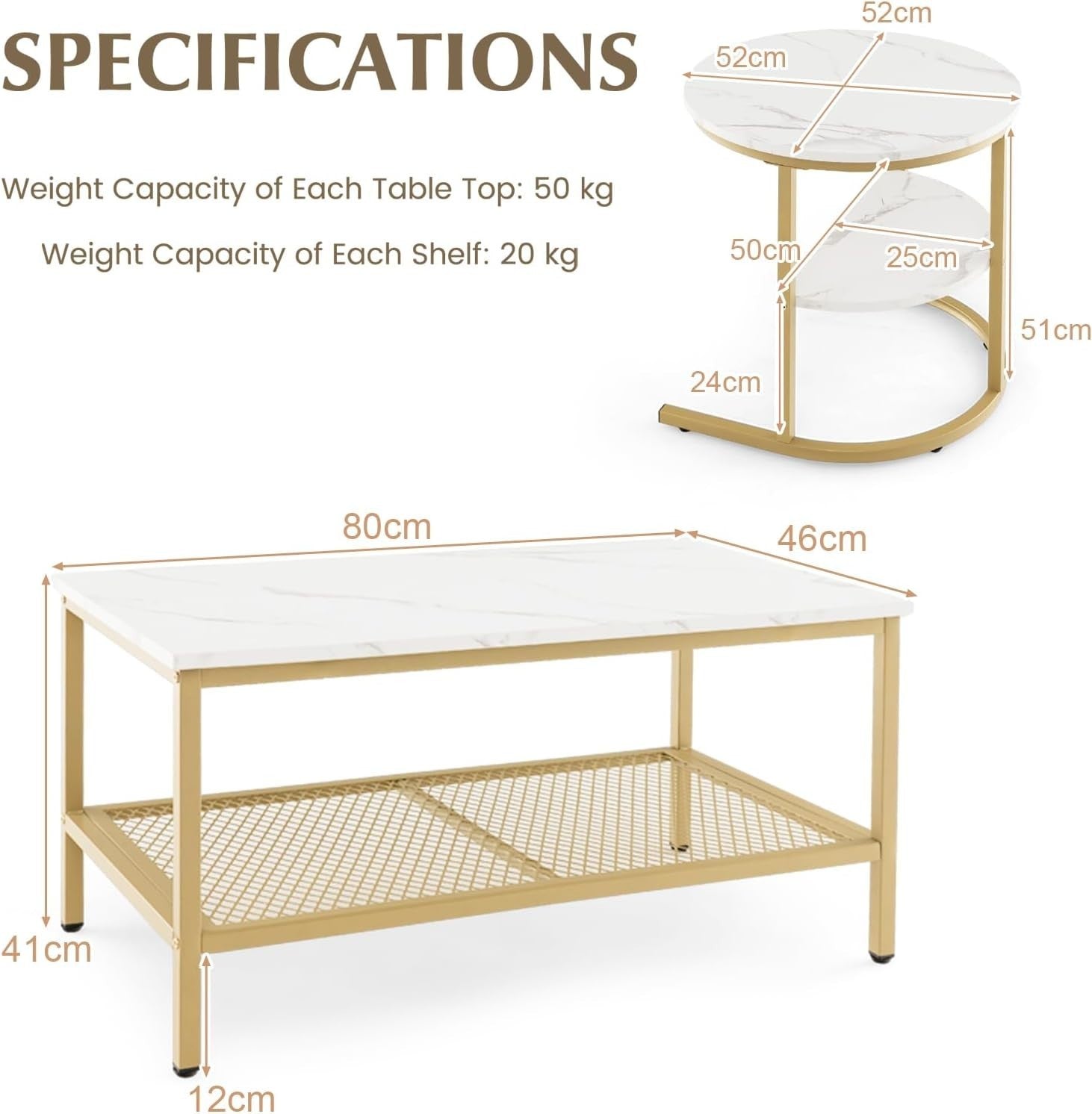 2-in-1 Coffee Table Set Storage Side Sofa Table Adjustable Height Gold White