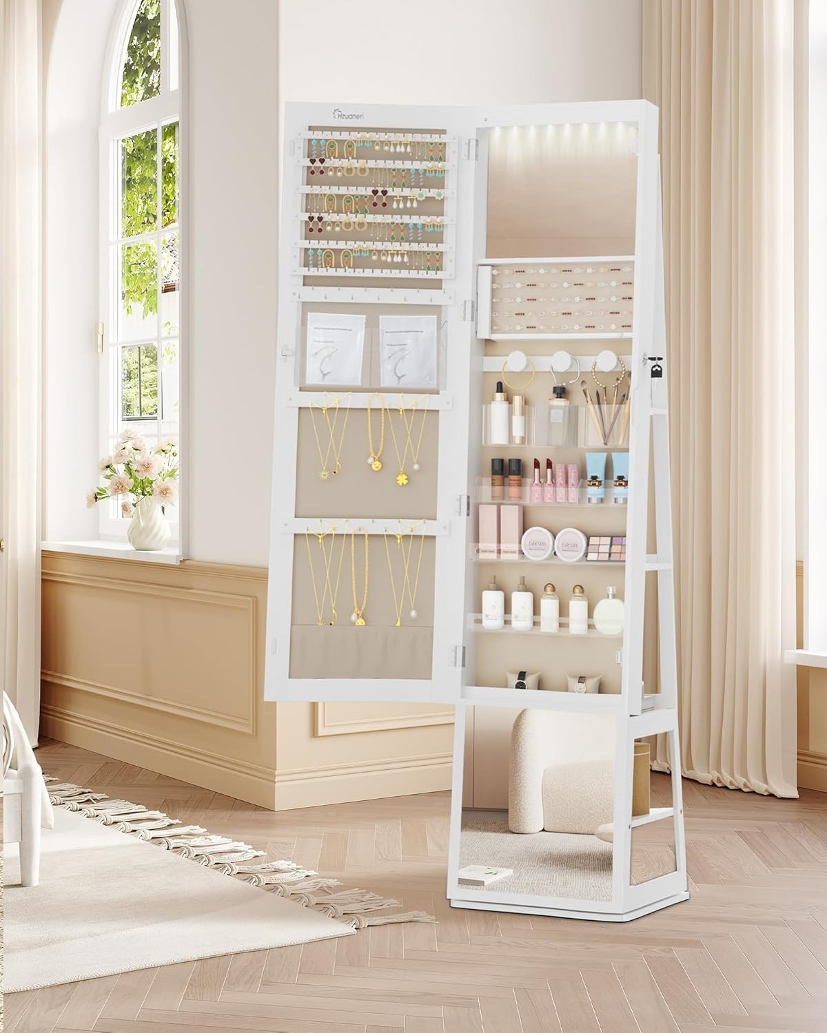 360° Rotating Mirror Jewellery Cabinet Lockable LED Storage Organizer