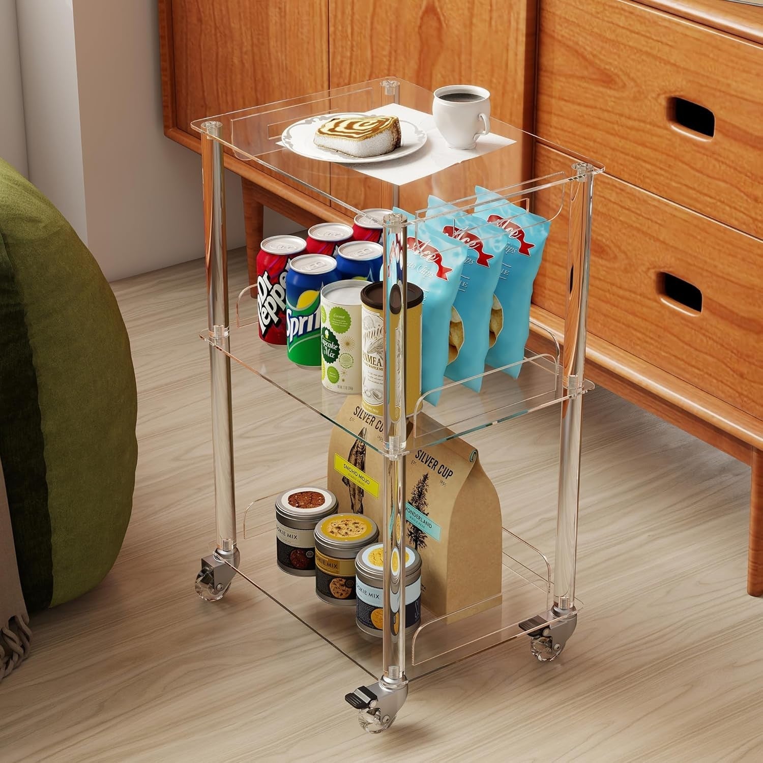 Clear Acrylic 3-Tier Side Table with Wheels – Modern Rolling Storage Stand
