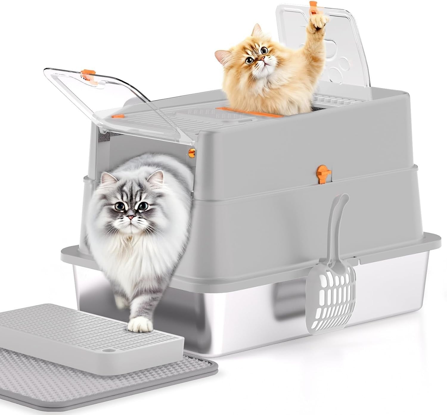 XL Stainless Steel Cat Litter Box Front Top Entry High Sided Grey