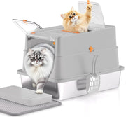 XL Stainless Steel Cat Litter Box Front Top Entry High Sided Grey