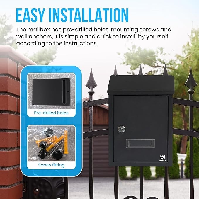 Secure Wall Mounted Mailbox Outdoor Letterbox Black Steel Lock Post Holder