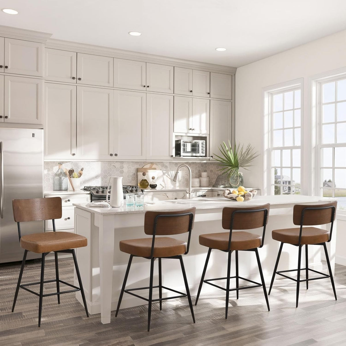 Swivel Bar Stools Set of 4 | PU Leather Counter Chairs Wood Back