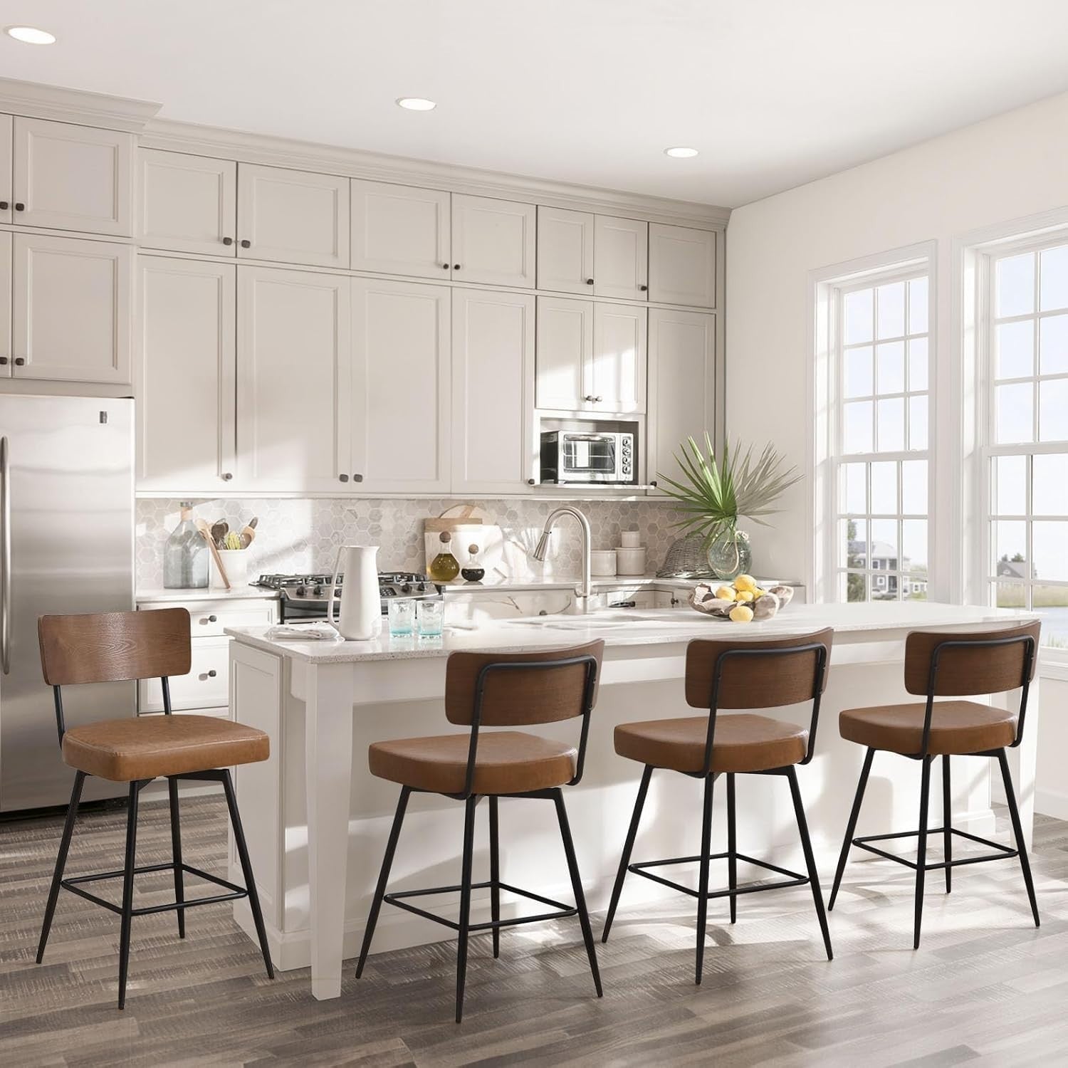 Swivel Bar Stools Set of 4 | PU Leather Counter Chairs Wood Back