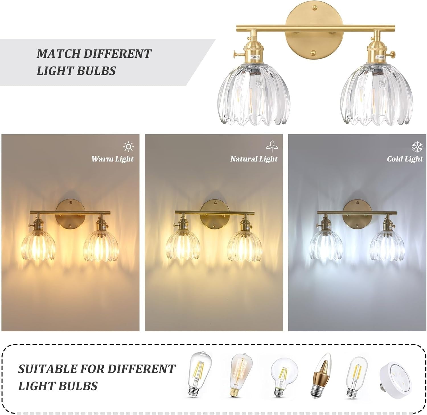 2-Light Clear Glass Wall Sconce Vanity Light Brass Fixture for Bathroom