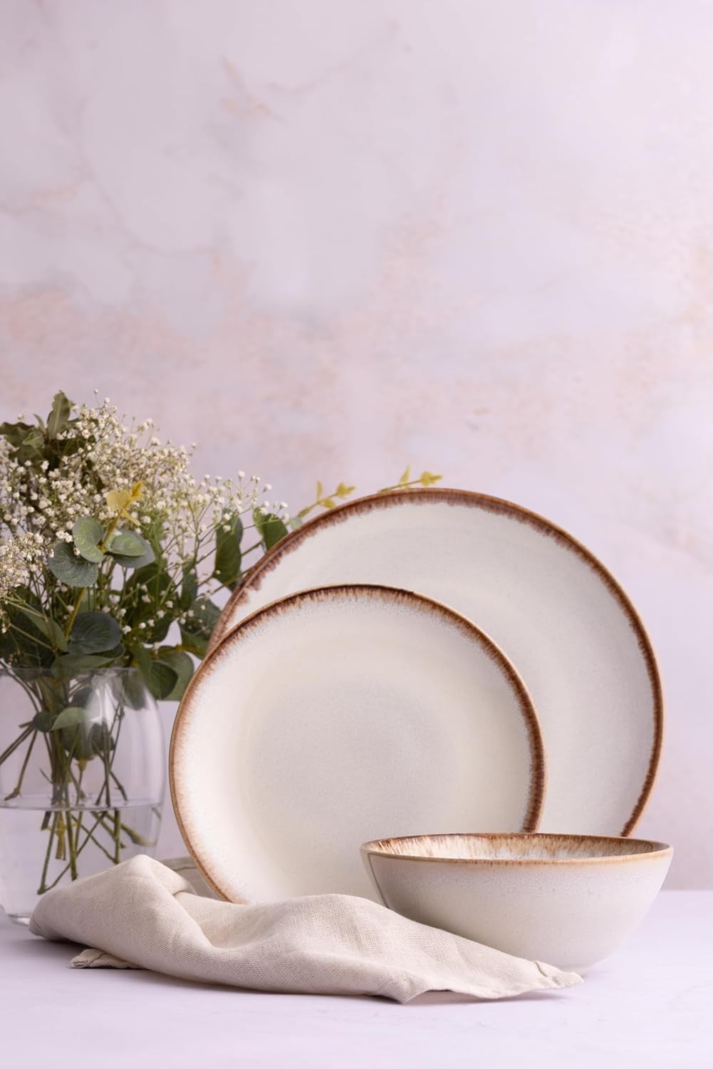 12pc Stoneware Dinner Set Cream Reactive Glaze Plates Bowls Dishwasher Safe