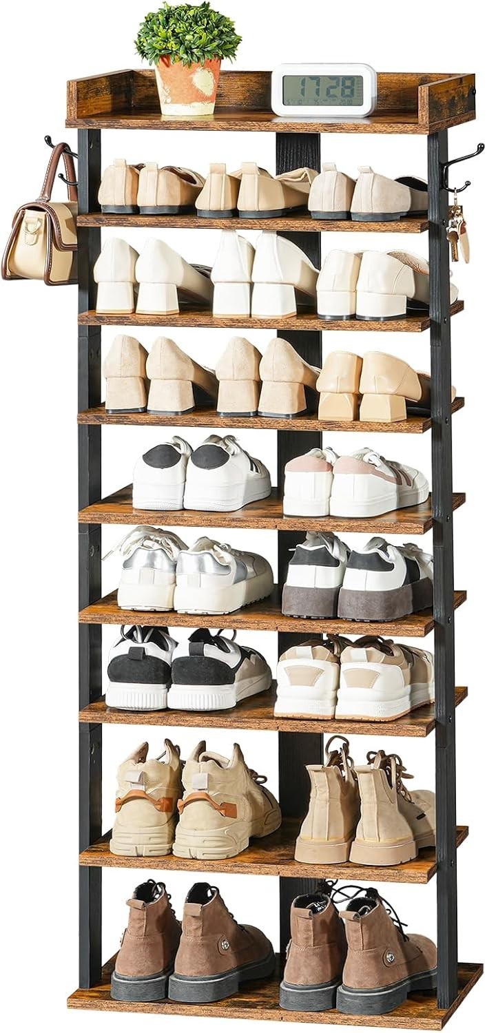 9-Tier Tall Slim Shoe Rack – Rustic Vertical Organizer for Small Spaces