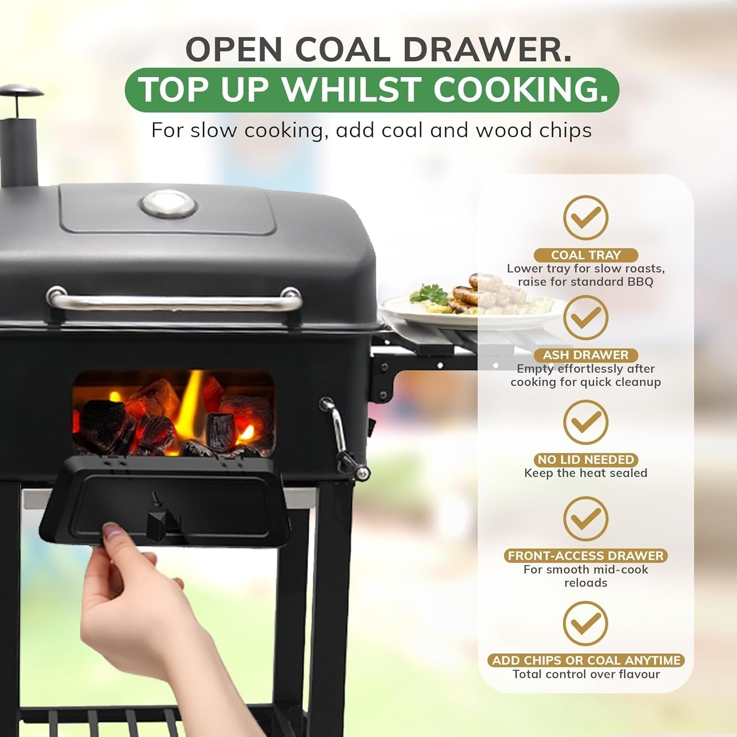 XL Charcoal BBQ Smoker Grill | Adjustable Chimney & Airflow | Dual Side Tables