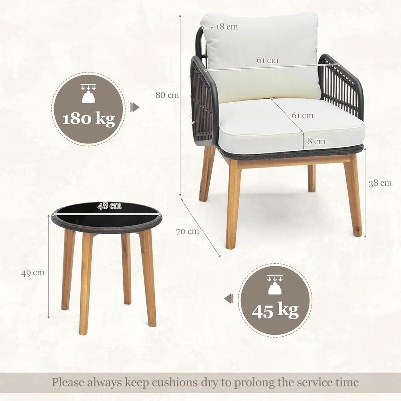 3pc Rattan Bistro Set Garden Chairs & Glass Table with Wood Legs Outdoor