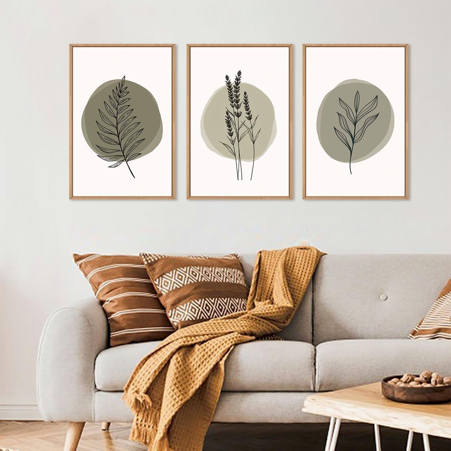 Sage Green Botanical Framed Canvas Wall Art Set 3 Modern Minimal Home Decor