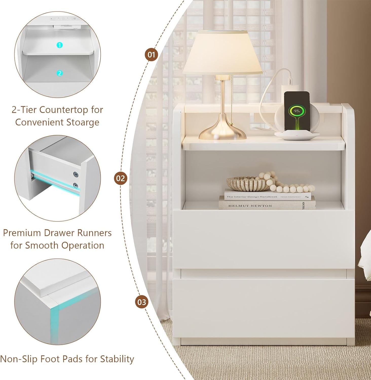 White Bedside Table with Charging Station – Modern Nightstand w/ Drawers & LED S
