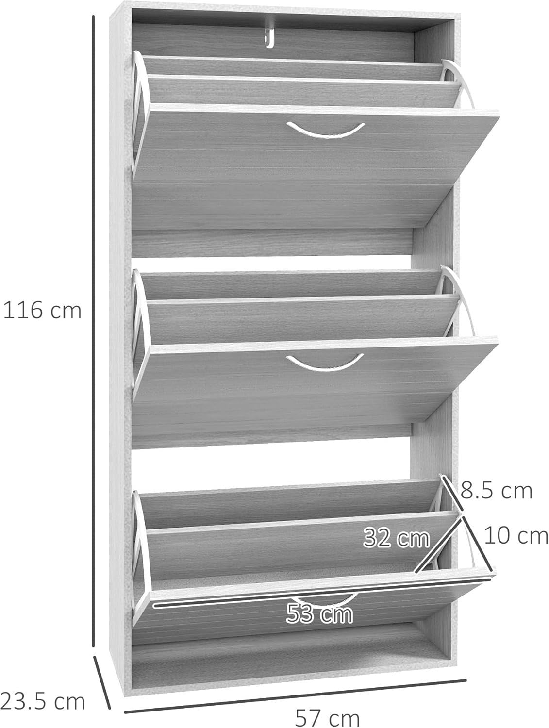 Slim Grey Shoe Cabinet – 3 Flip Drawers, 12 Pair Storage, Narrow Hallway Unit