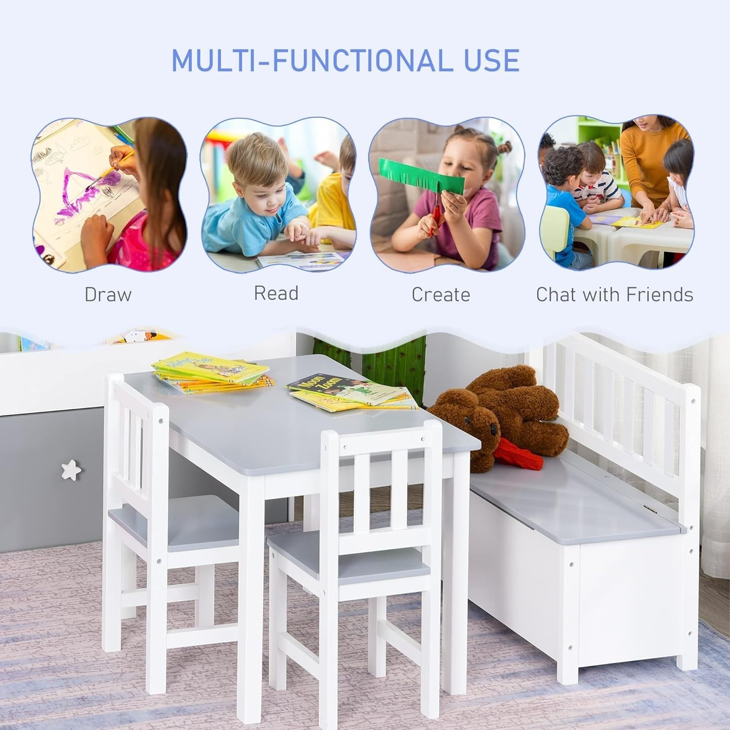 Kids 4-Piece Table & Chair Set with Storage Bench, Durable & Safe Design