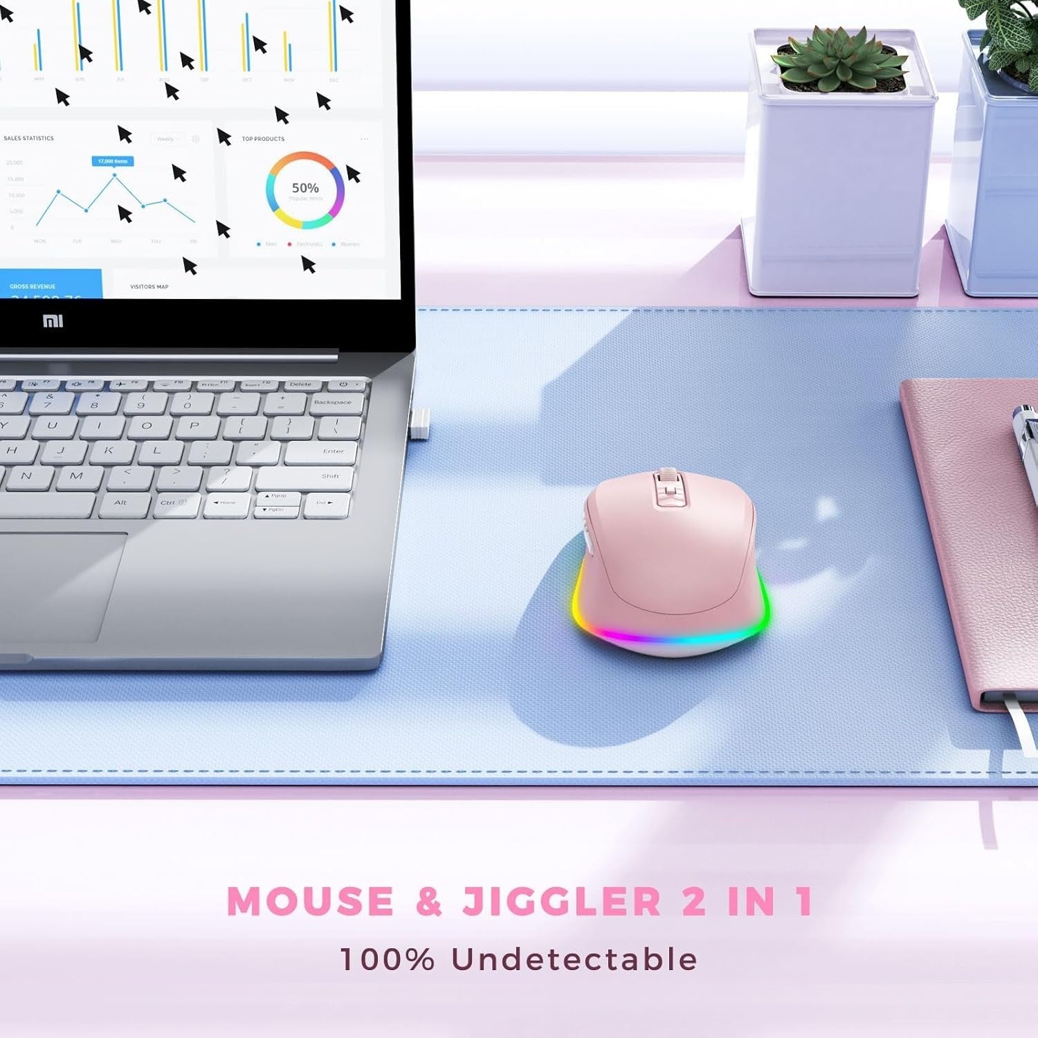 Pink RGB Wireless Mouse Rechargeable Silent USB Jiggler Mode