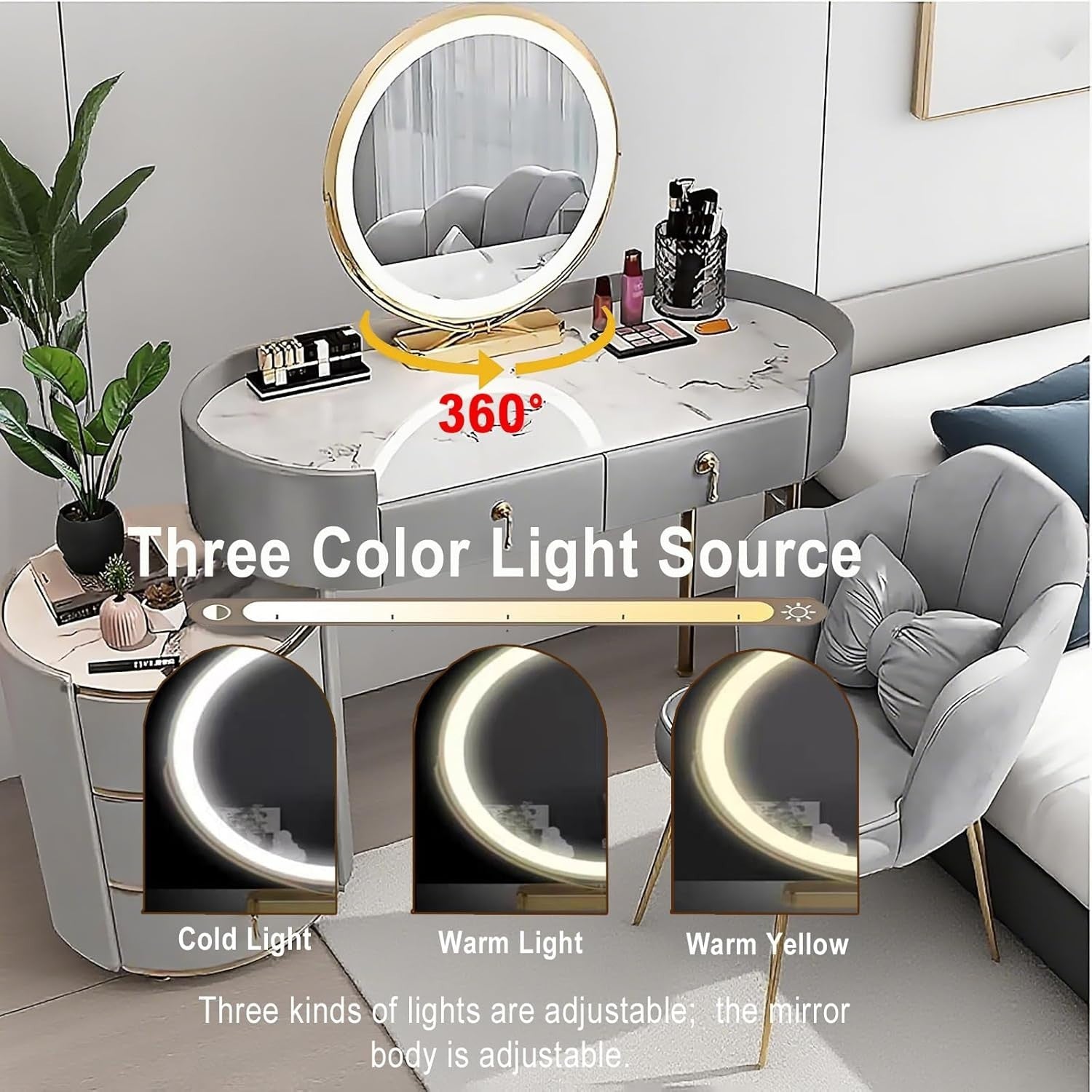 Grey Dressing Table Vanity Set with LED Mirror 5 Drawers Stool Modern Wood Desk
