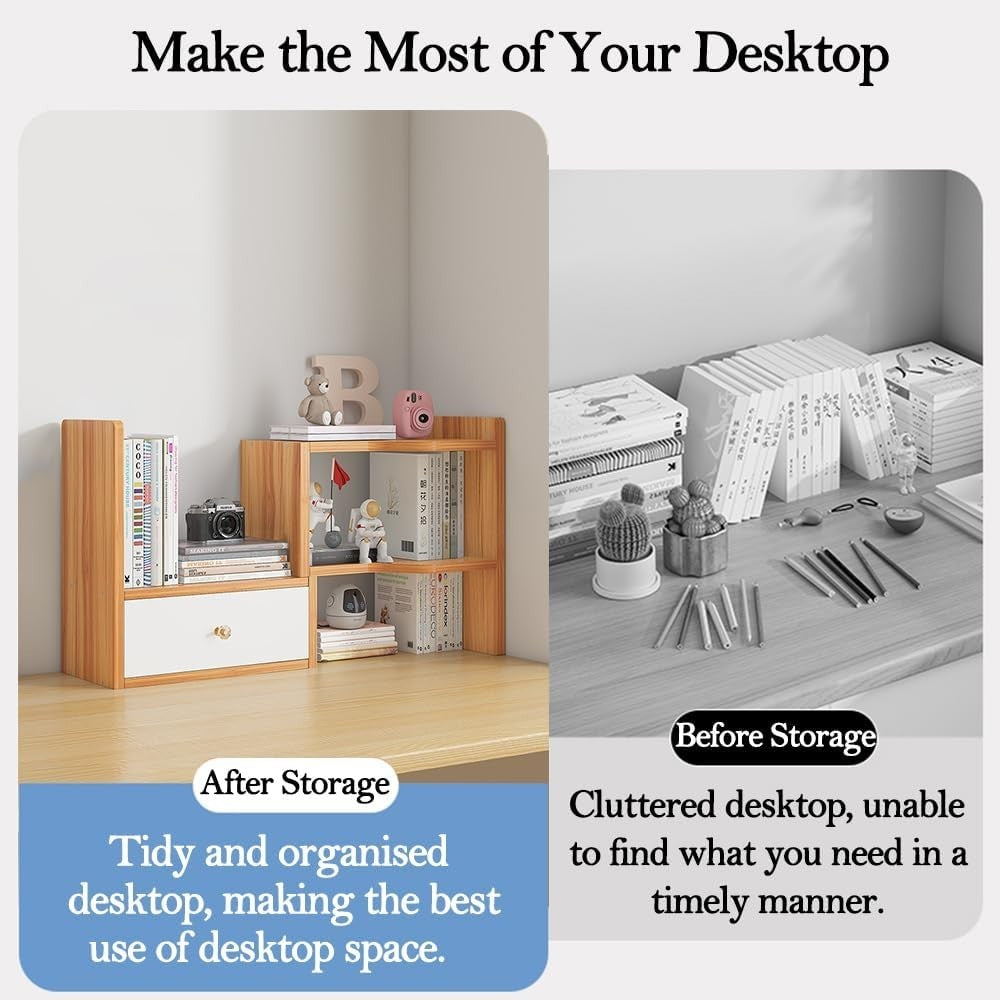 Expandable Desktop Bookshelf Adjustable Desk Organizer Storage Rack Cherry Wood
