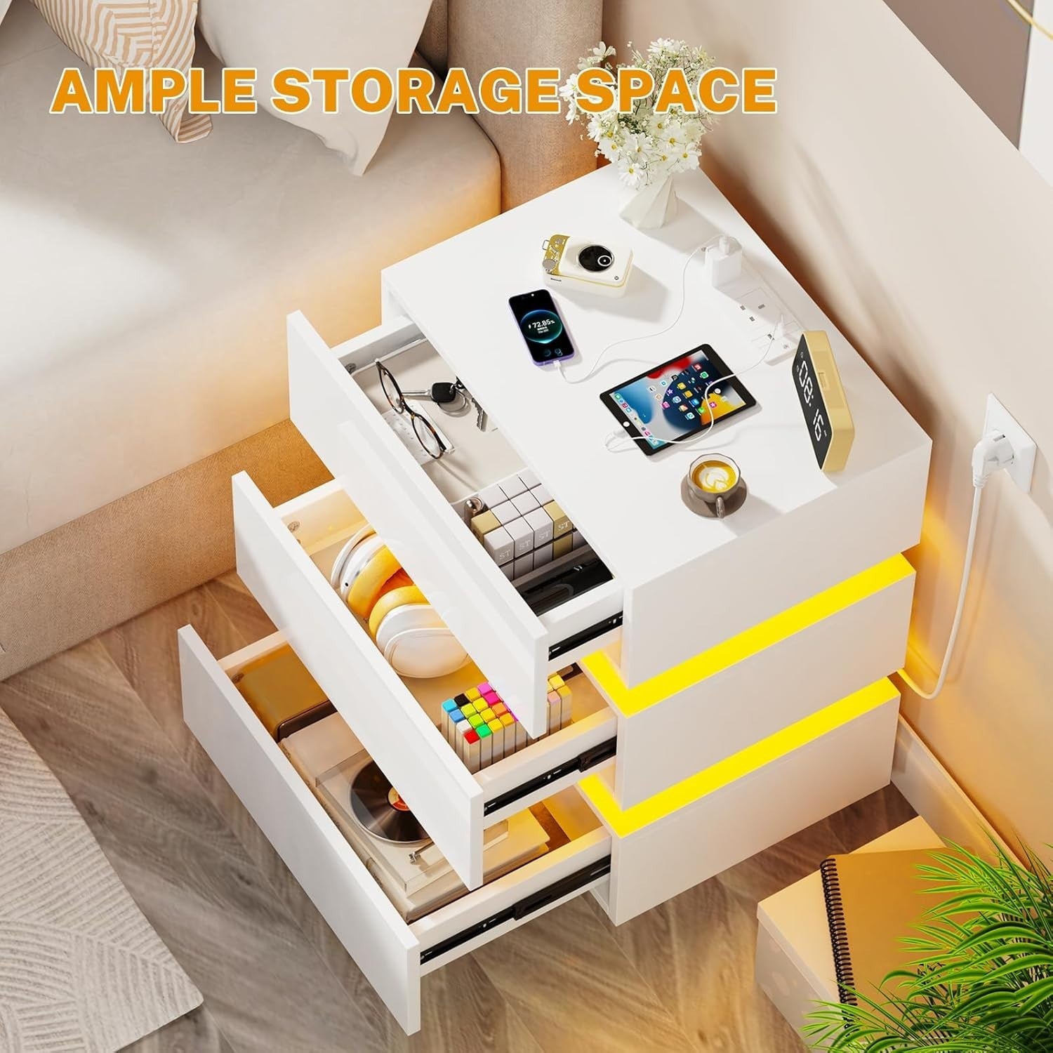 White LED Bedside Table with Power Socket, RGB Lights & 3 Drawers – Modern