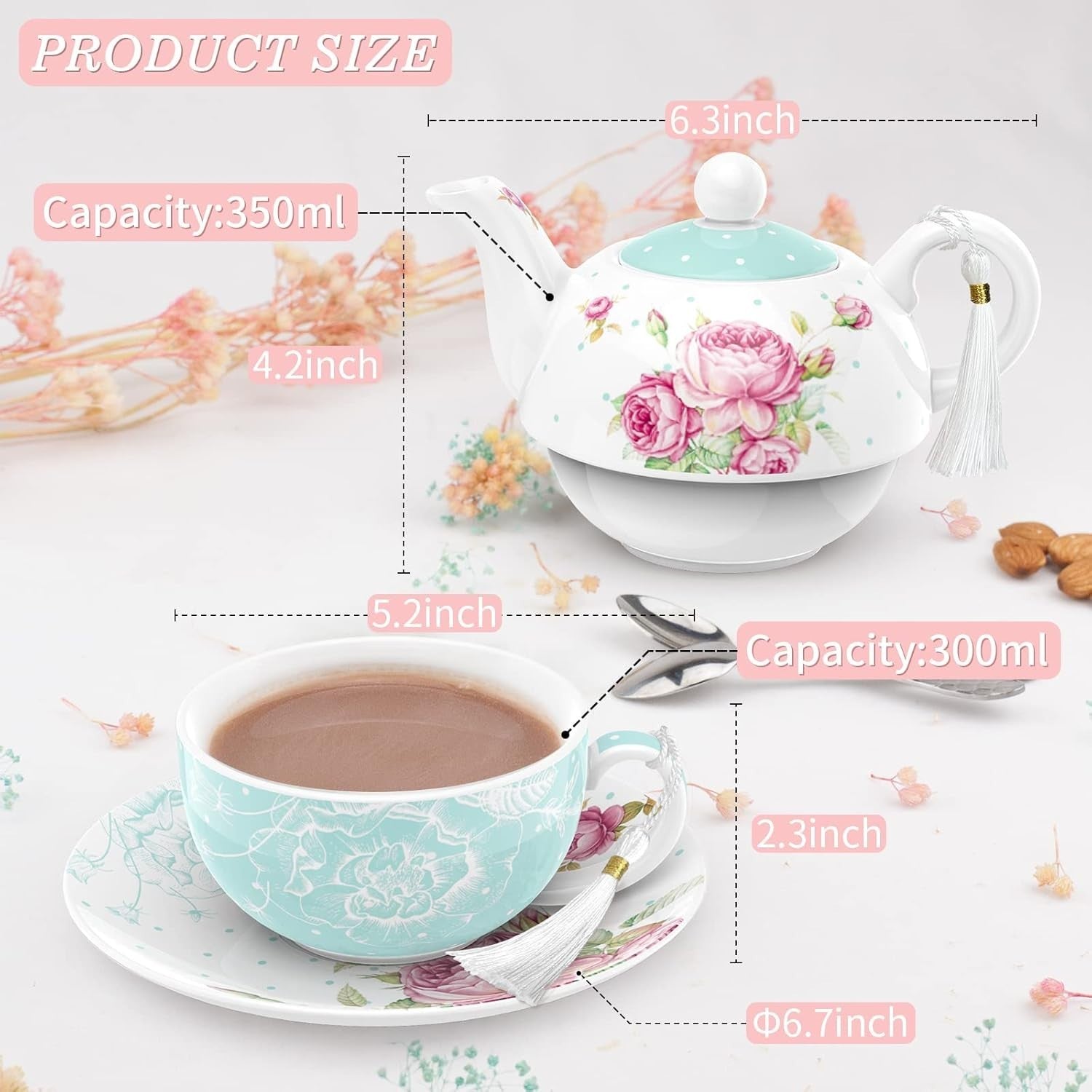 Tea for One Teapot Cup Saucer Set 350ml Vintage Floral Turquoise Gift