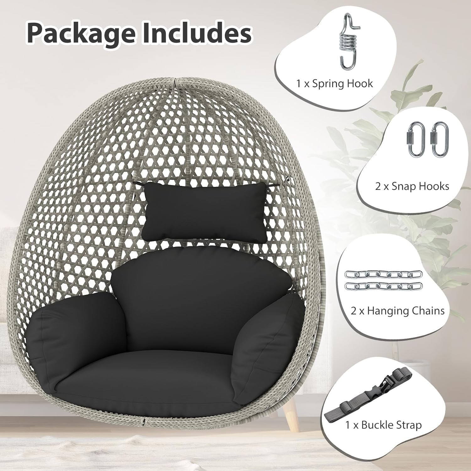 Rattan Hanging Egg Chair with Soft Thick Cushion & Head Pillow for Garden Patio